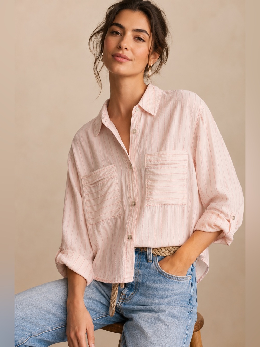 Self Contrast Pink Metallic Stripe Button Front Blouse Top L